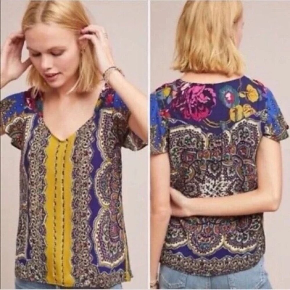 ANTHROPOLOGIE Moulinette Soeurs Teresita Printed Top Short Sleeve Blouse sz 6